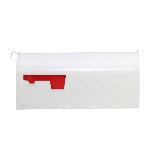 Side of white mailbox with red flag