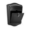 Open black wall mount mailbox with lock and key