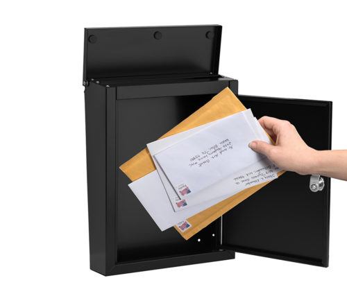 Open black wall mount mailbox with mail inside