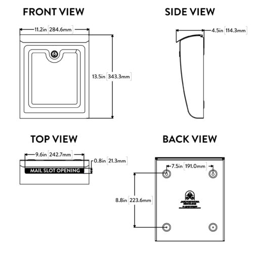 Diagram of Sienna locking wall mount mailbox