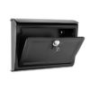 Open black wall mount mailbox with silver lock and key