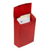 Open red wall mount mailbox with mail inside