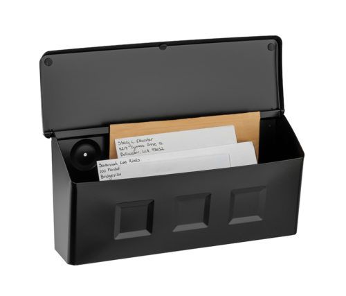 Open black mailbox with mail inside