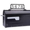 Black mailbox with silver flag and address on top