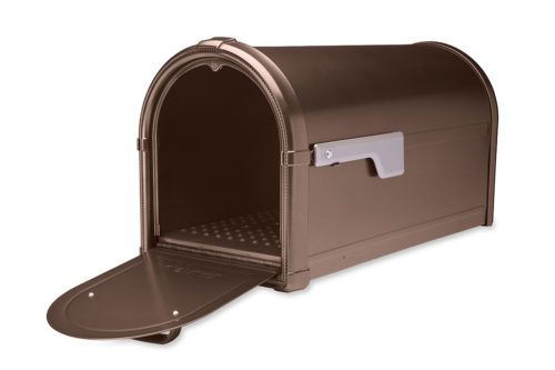 Open brown mailbox with gray flag