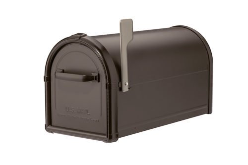 Bronze mailbox with gray flag raised