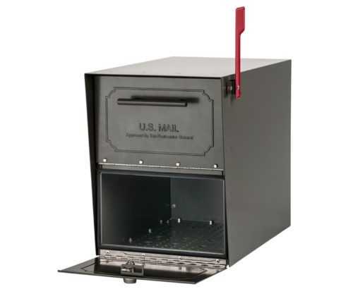 Open black mailbox with red flag raised