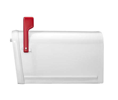 White mailbox with red flag raised