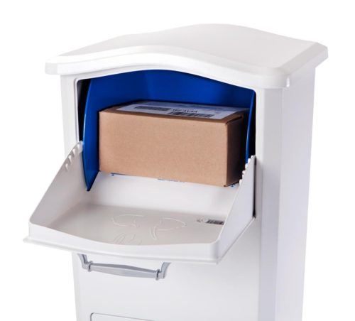 Open white drop box with package inside