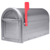 Gray mailbox with red flag raised