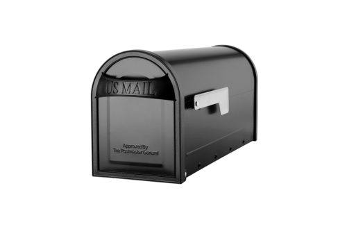 Black mailbox with silver flag