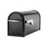 Black mailbox with silver handle and silver flag