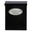 Front view of black wall mount mail box with silver "mail" plaque