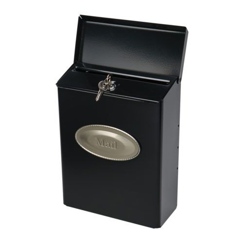 Open black wall mount mail box with silver "mail" plaque and key and lock