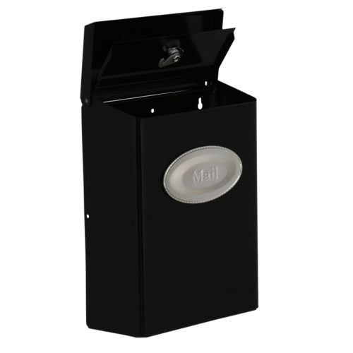 Open black wall mount mail box with silver "mail" plaque