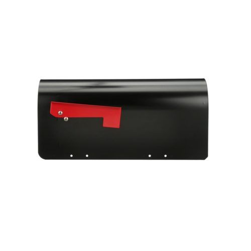 Side of black mailbox with red flag