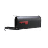 Side view of open black mailbox with red flag