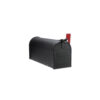 Side view of black mailbox with red flag raised