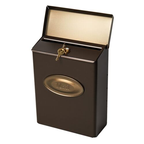 Side of brown wall mount mailbox with lock and key