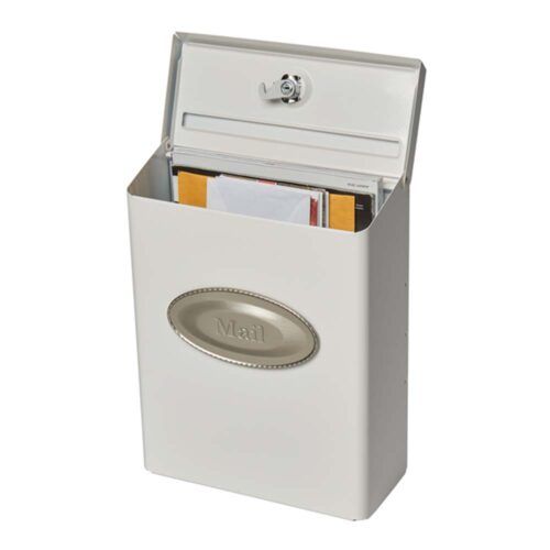 Open white wall mount mailbox with mail inside