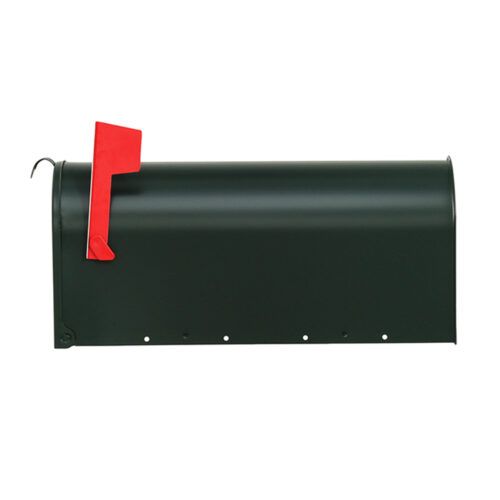 Side of Green Post Mount Mailbox with Red Flag Raised