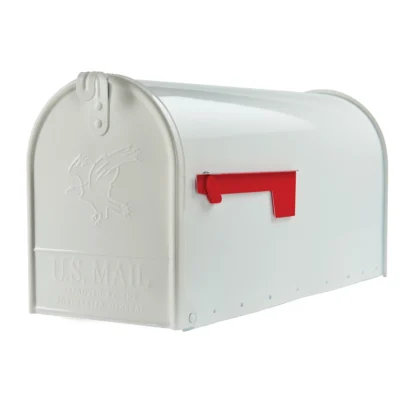 Side of White Post Mount Mailbox with Red Flag
