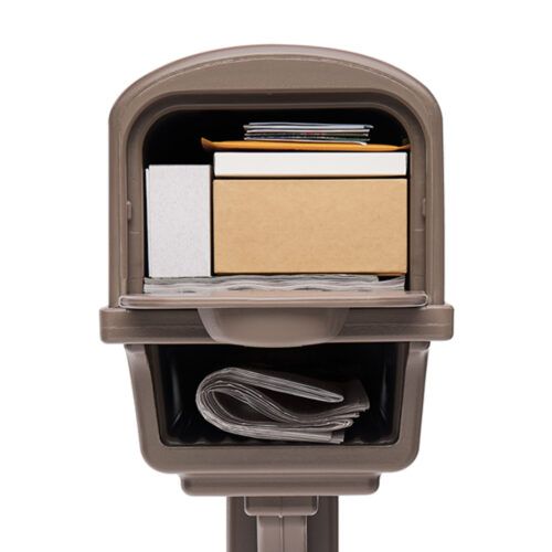 Front of brown mailbox with mail inside