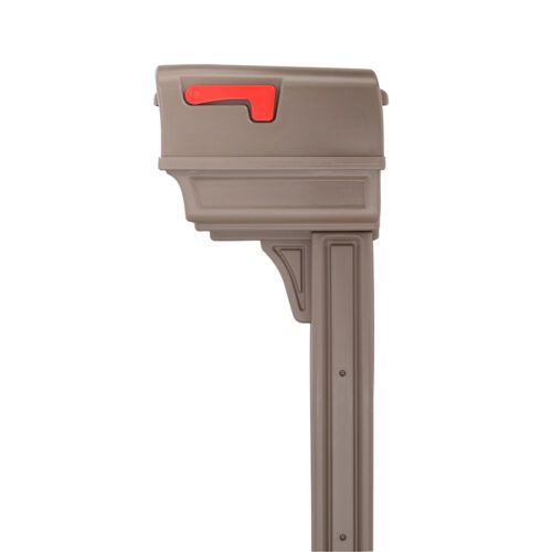 Side of brown mailbox with red flag