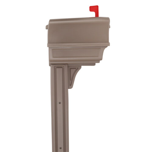 Side of brown mailbox with red flag raised