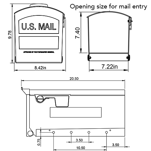 Diagram of Black Post Mount Mailbox