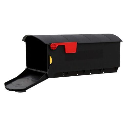 Open Black Post Mount Mailbox with Red Flag