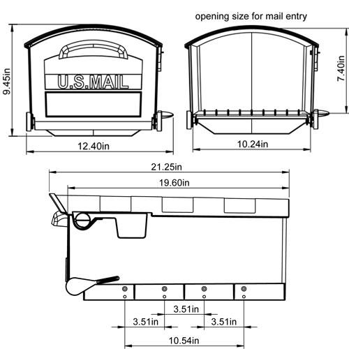 Diagram of Black Post Mount Mailbox