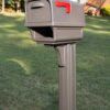 Decorative background of brown mailbox with red flag