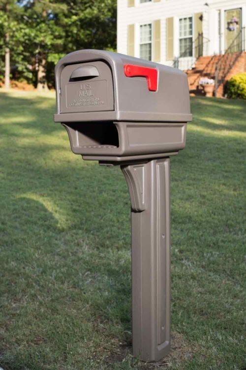 Decorative background of brown mailbox with red flag