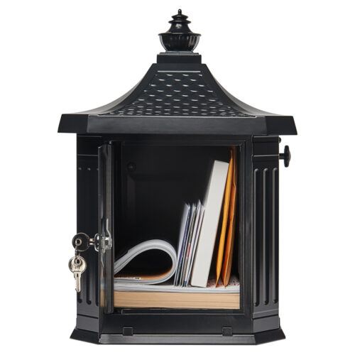 Open Black Post Mount Mailbox with Mail Inside