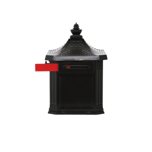 Back of Black Post Mount Mailbox with Red Flag Raised