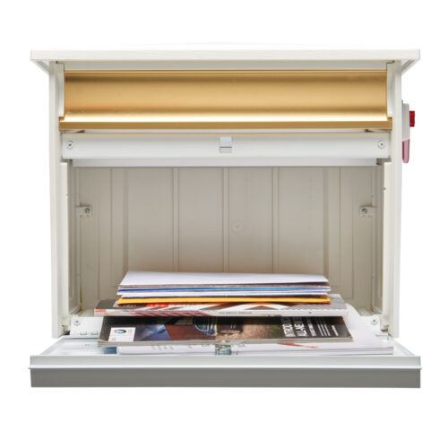 Open white wall mount mailbox with mail inside