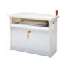 Side view of white wall mount mailbox with mail inside and red flag raised