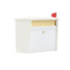 Side view of white wall mount mailbox with red flag raised