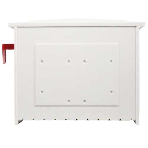 Back of white wall mount mailbox with red flag