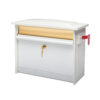 Side of white wall mount mailbox with red flag