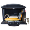 Open Black Wall Mount Mailbox with Mail Inside