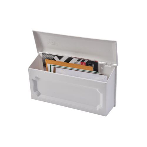 Side of white wall mount mailbox with mail inside